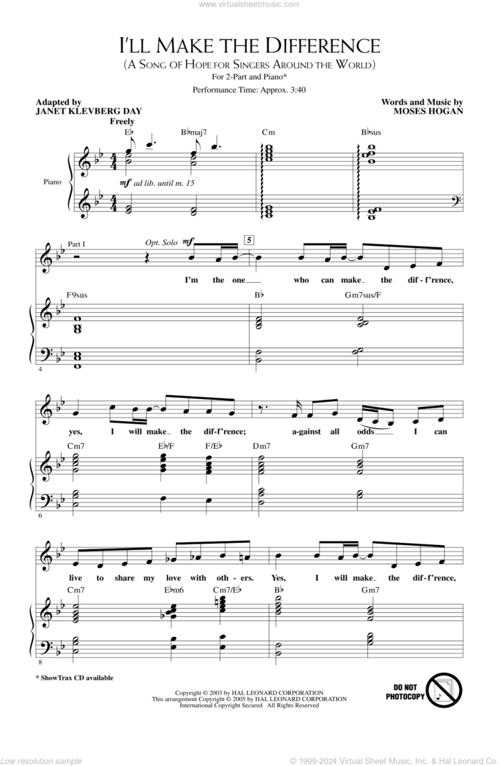 I'll Make The Difference (A Song Of Hope For Singers Around The World) sheet music for choir (2-Part) by Moses Hogan and Janet Klevberg Day, intermediate duet