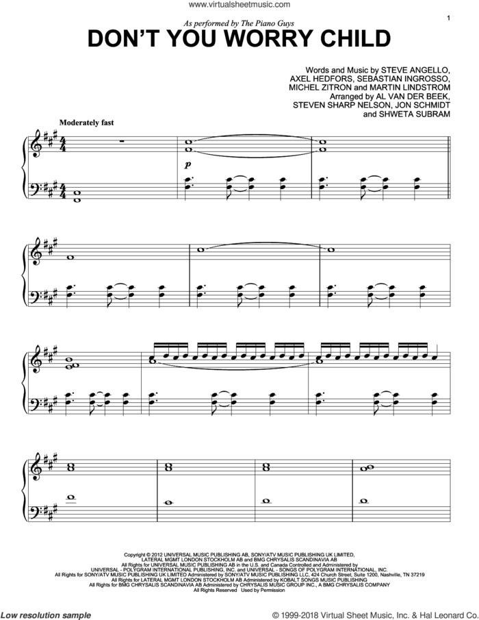 Don't You Worry Child sheet music for piano solo by The Piano Guys, Axel Hedfors, Martin Lindstrom, Michel Zitron, Sebastian Ingrosso, Steve Angello and Swedish House Mafia featuring John Martin, intermediate skill level