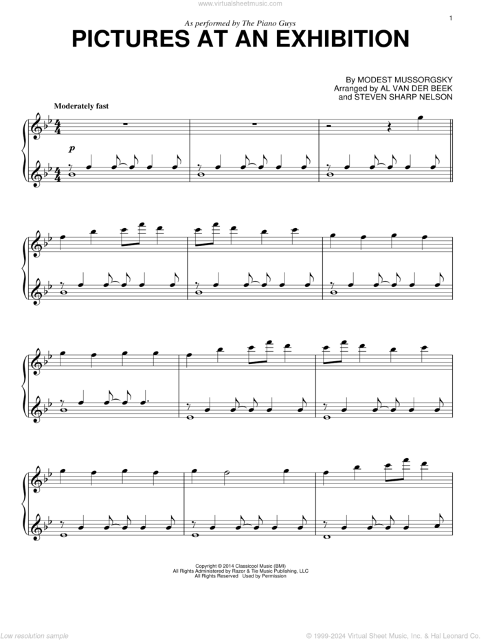 Pictures At An Exhibition sheet music for piano solo by The Piano Guys, Al van der Beek, Modest Petrovic Mussorgsky and Steven Sharp Nelson, intermediate skill level