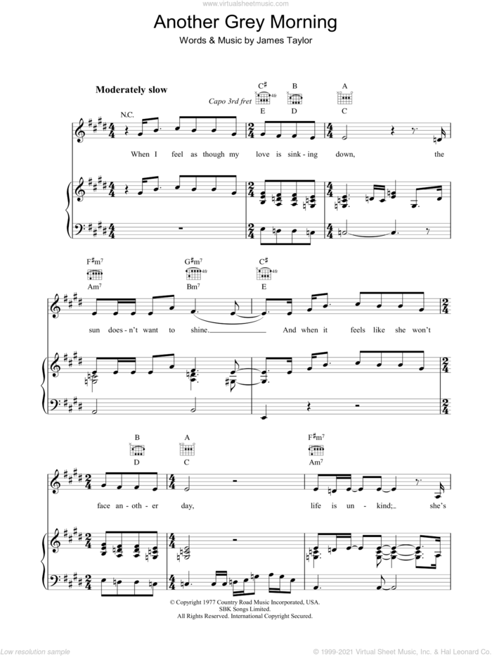 Another Grey Morning sheet music for voice, piano or guitar by James Taylor, intermediate skill level
