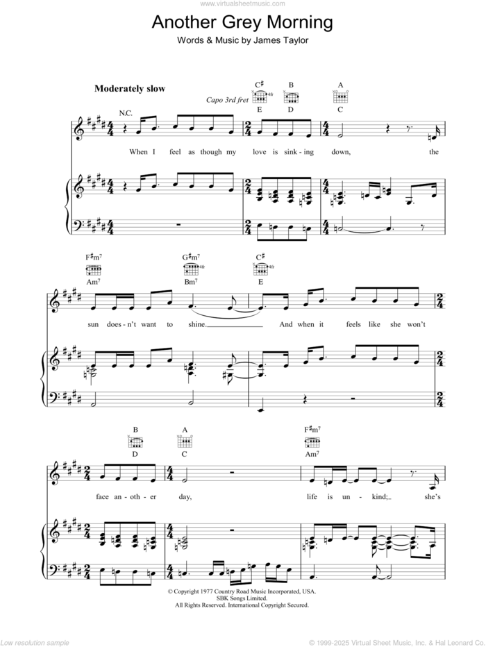 Another Grey Morning sheet music for voice, piano or guitar by James Taylor, intermediate skill level