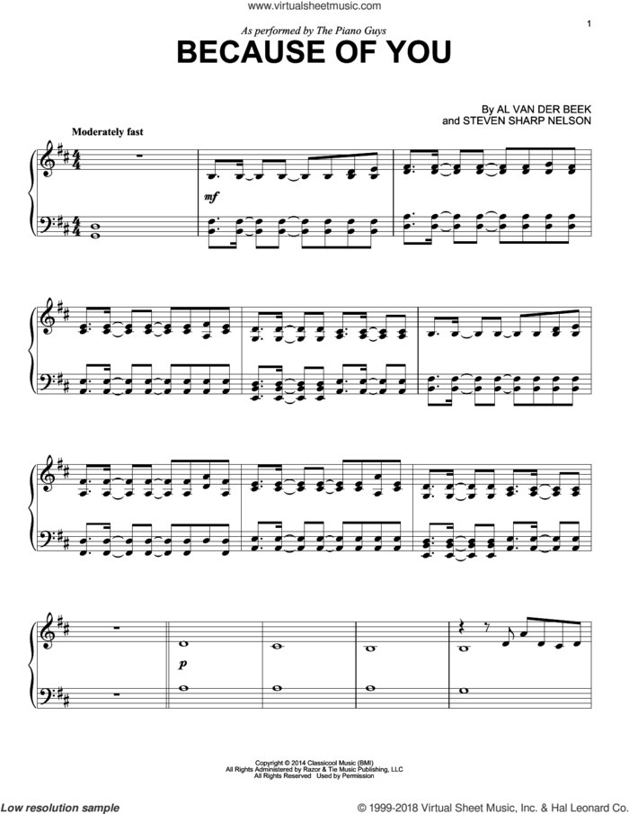 Because Of You sheet music for piano solo by The Piano Guys, intermediate skill level