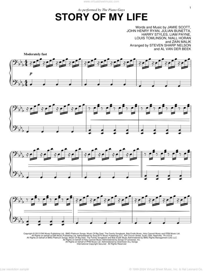 Story Of My Life sheet music for piano solo by The Piano Guys, Harry Styles, Jamie Scott, John Henry Ryan, Julian Bunetta, Liam Payne, Louis Tomlinson, Niall Horan, One Direction and Zain Malik, intermediate skill level