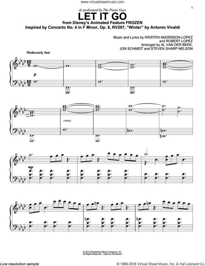Let It Go (from Frozen) sheet music for piano solo by The Piano Guys, Idina Menzel, Kristen Anderson-Lopez and Robert Lopez, intermediate skill level