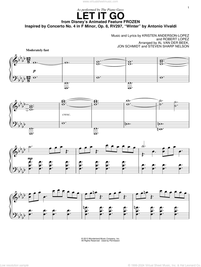 Let It Go (from Frozen) sheet music for piano solo by The Piano Guys, Idina Menzel, Kristen Anderson-Lopez and Robert Lopez, intermediate skill level