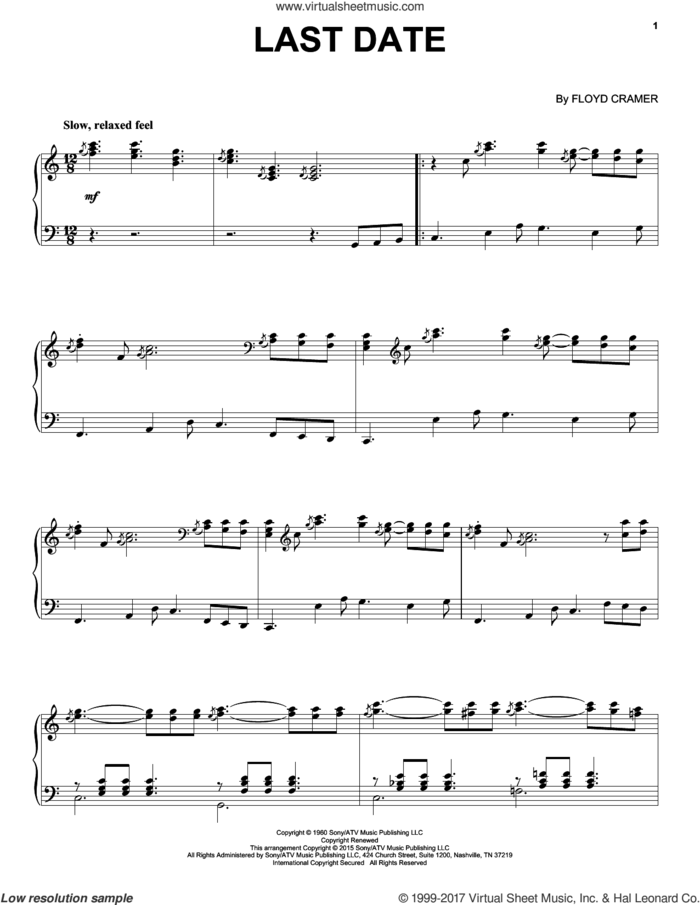 Last Date, (intermediate) sheet music for piano solo by Floyd Cramer, intermediate skill level
