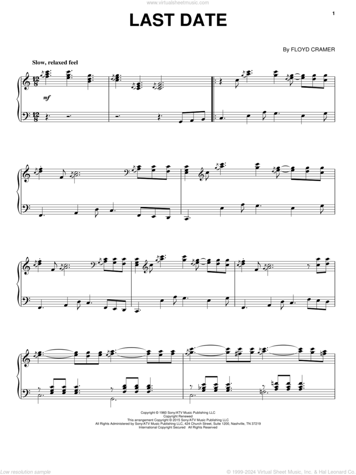 Last Date, (intermediate) sheet music for piano solo by Floyd Cramer, intermediate skill level