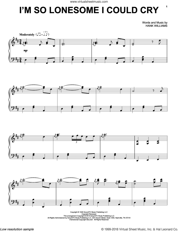 I'm So Lonesome I Could Cry sheet music for piano solo by Hank Williams, B.J. Thomas and Elvis Presley, intermediate skill level