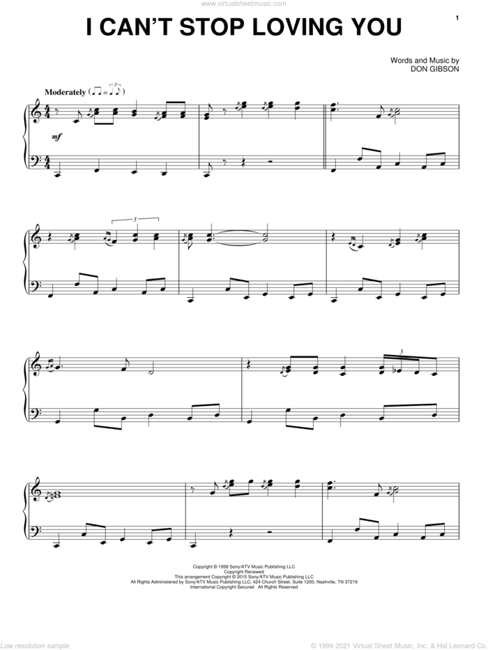 I Can't Stop Loving You sheet music for piano solo by Ray Charles, Conway Twitty, Don Gibson, Elvis Presley and Kitty Wells, intermediate skill level