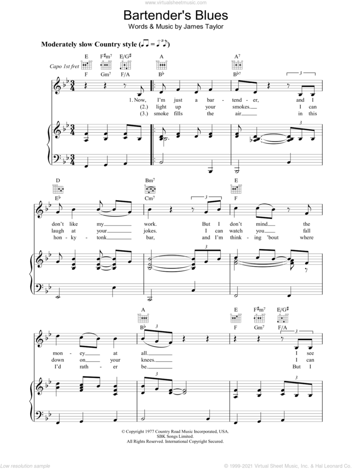 Bartender's Blues sheet music for voice, piano or guitar by James Taylor, intermediate skill level