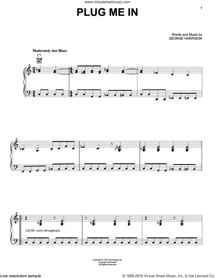 Plug Me In sheet music for piano solo by George Harrison, intermediate skill level