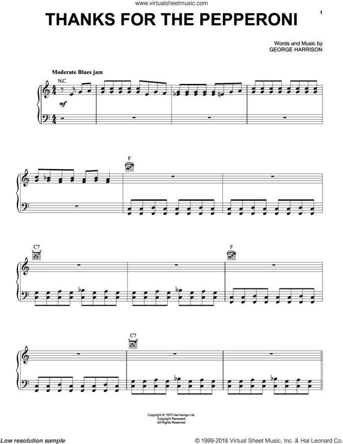 Thanks For The Pepperoni sheet music for piano solo by George Harrison, intermediate skill level