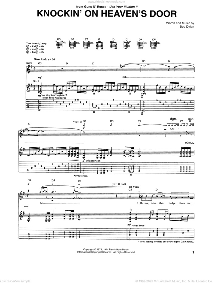 Knockin' On Heaven's Door sheet music for guitar (tablature) by Guns N' Roses, Bob Dylan and Eric Clapton, intermediate skill level