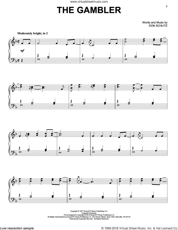 The Gambler, (intermediate) sheet music for piano solo by Kenny Rogers and Don Schlitz, intermediate skill level