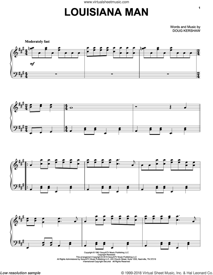Louisiana Man sheet music for piano solo by Doug Kershaw, intermediate skill level