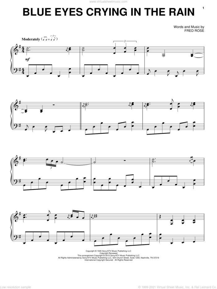 Blue Eyes Crying In The Rain, (intermediate) sheet music for piano solo by Willie Nelson, Elvis Presley and Fred Rose, intermediate skill level