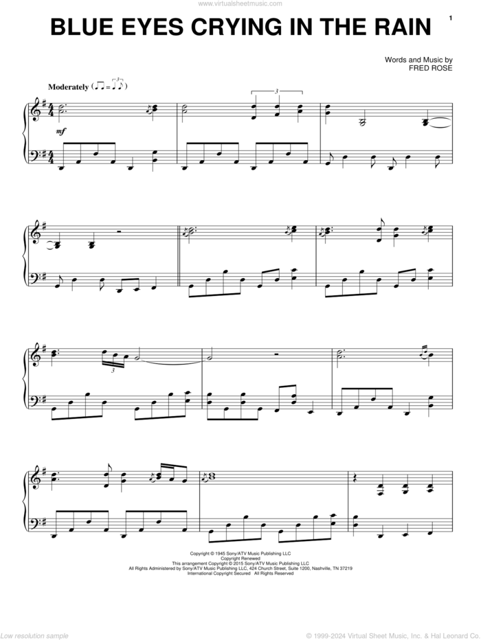 Blue Eyes Crying In The Rain, (intermediate) sheet music for piano solo by Willie Nelson, Elvis Presley and Fred Rose, intermediate skill level