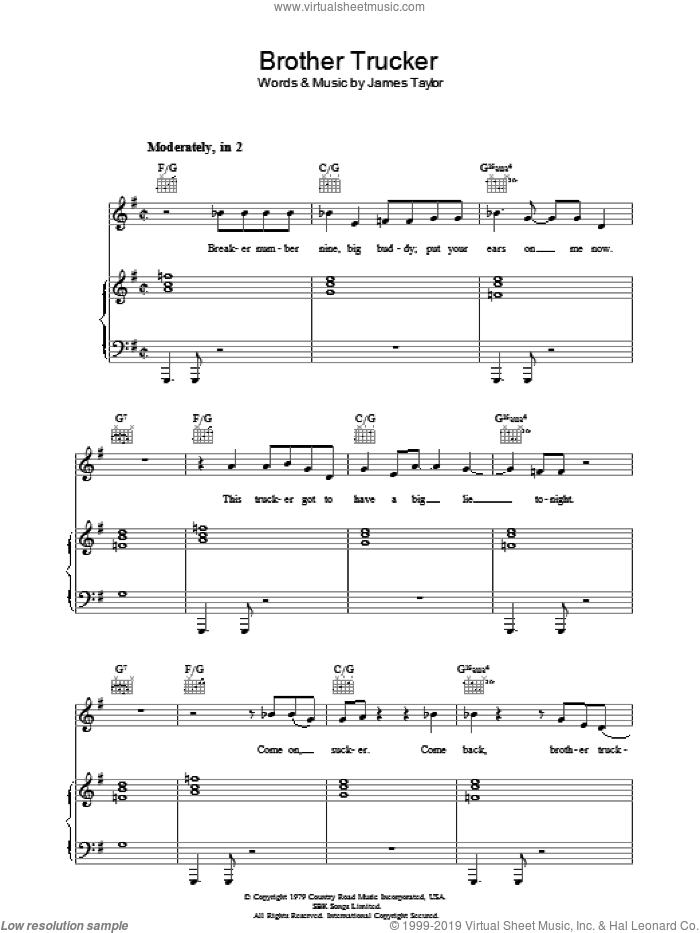Brother Trucker sheet music for voice, piano or guitar by James Taylor, intermediate skill level