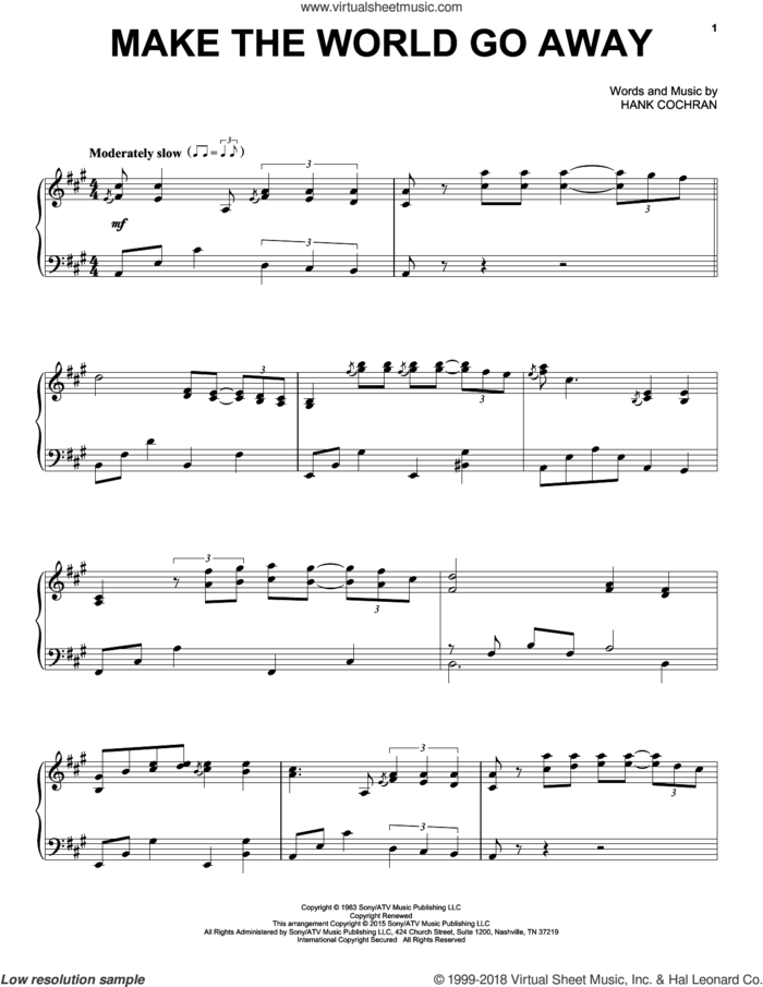 Make The World Go Away, (intermediate) sheet music for piano solo by Eddy Arnold, Elvis Presley and Hank Cochran, intermediate skill level