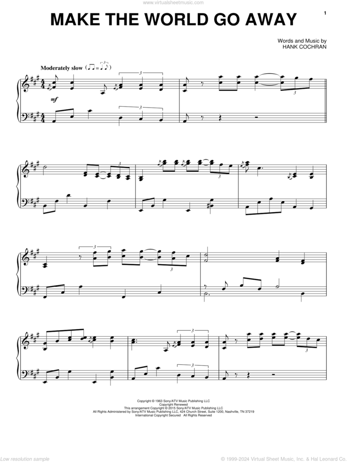 Make The World Go Away, (intermediate) sheet music for piano solo by Eddy Arnold, Elvis Presley and Hank Cochran, intermediate skill level