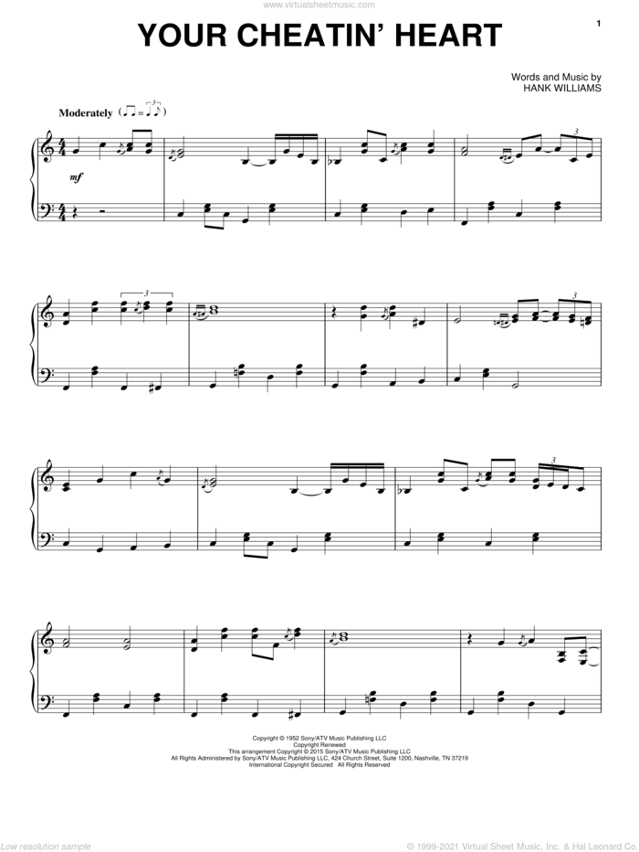 Your Cheatin' Heart sheet music for piano solo by Hank Williams and Patsy Cline, intermediate skill level