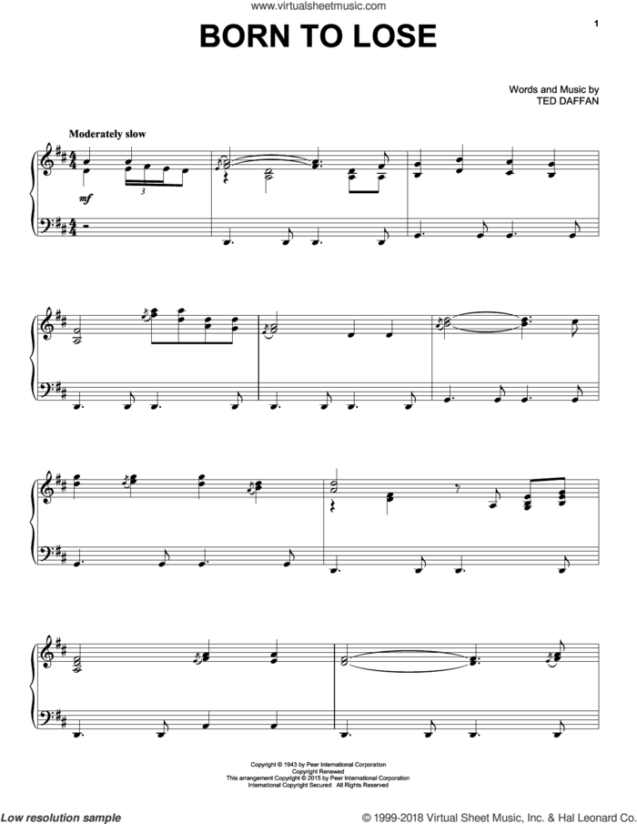 Born To Lose, (intermediate) sheet music for piano solo by Ray Charles and Ted Daffan, intermediate skill level