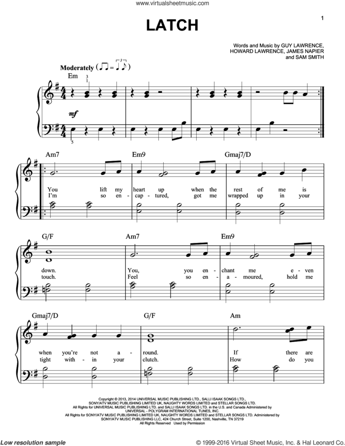 Latch sheet music for piano solo by Disclosure featuring Sam Smith, Guy Lawrence, Howard Lawrence, James Napier and Sam Smith, easy skill level