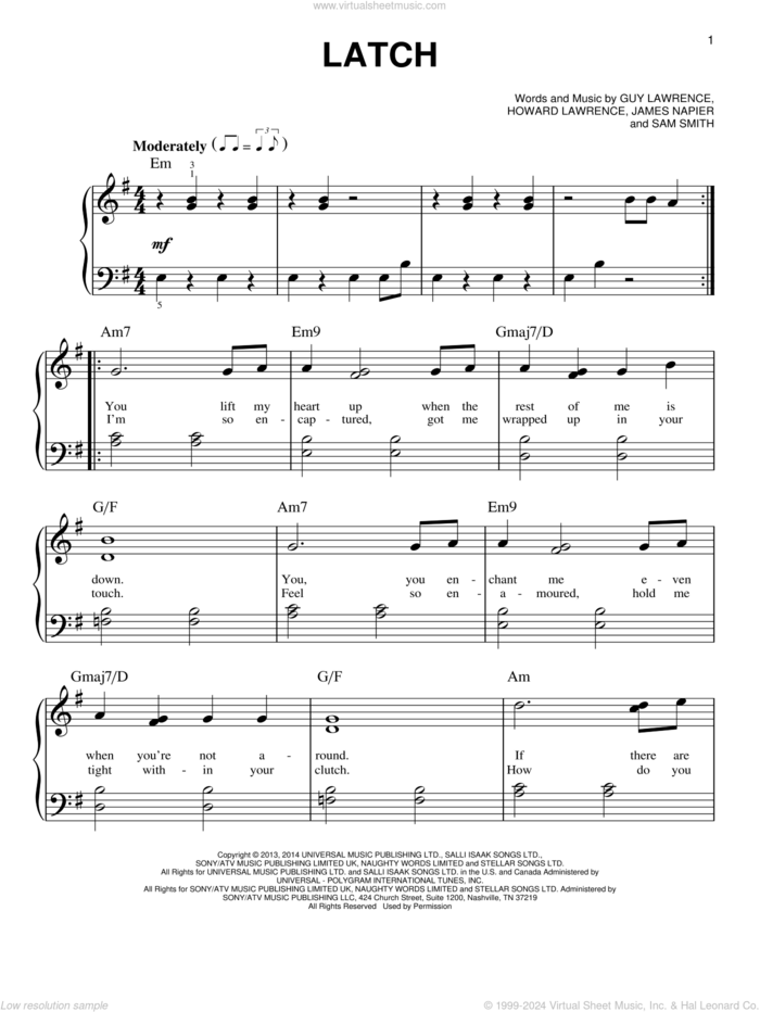 Latch sheet music for piano solo by Disclosure featuring Sam Smith, Guy Lawrence, Howard Lawrence, James Napier and Sam Smith, wedding score, easy skill level