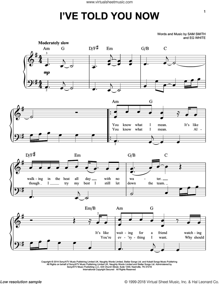 I've Told You Now sheet music for piano solo by Sam Smith and Eg White, easy skill level