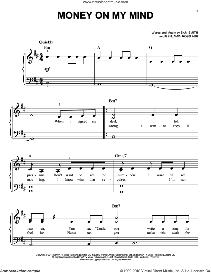 Money On My Mind sheet music for piano solo by Sam Smith and Benjamin Ross Ash, easy skill level