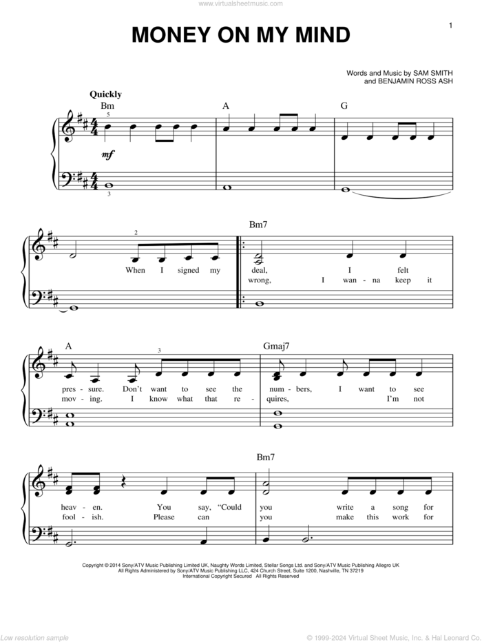 Money On My Mind sheet music for piano solo by Sam Smith and Benjamin Ross Ash, easy skill level