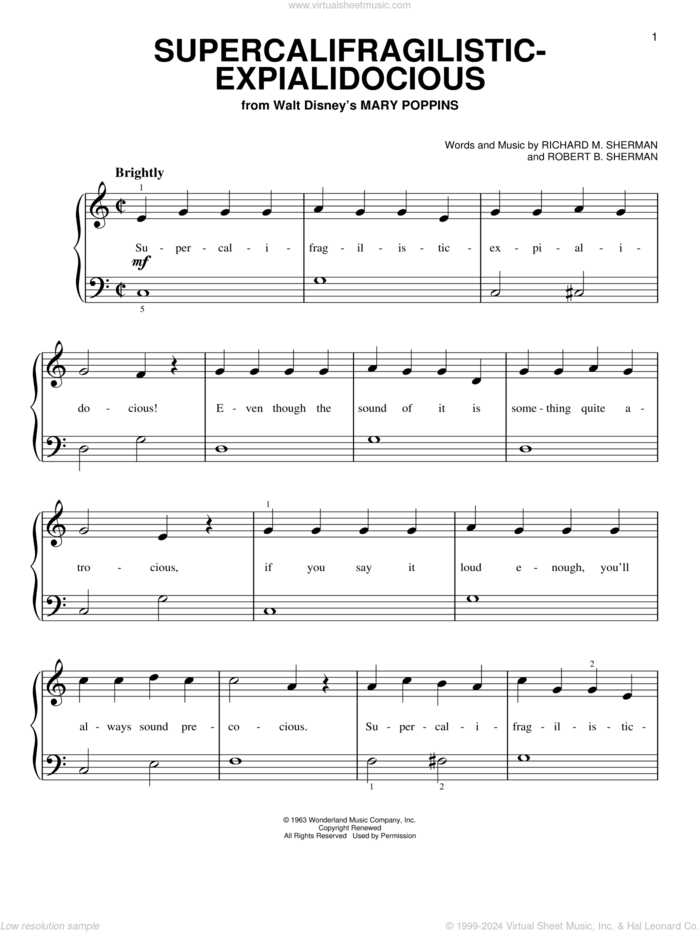 Supercalifragilisticexpialidocious (from Mary Poppins), (beginner) sheet music for piano solo by Julie Andrews, Richard M. Sherman, Robert B. Sherman and The Sherman Brothers, beginner skill level