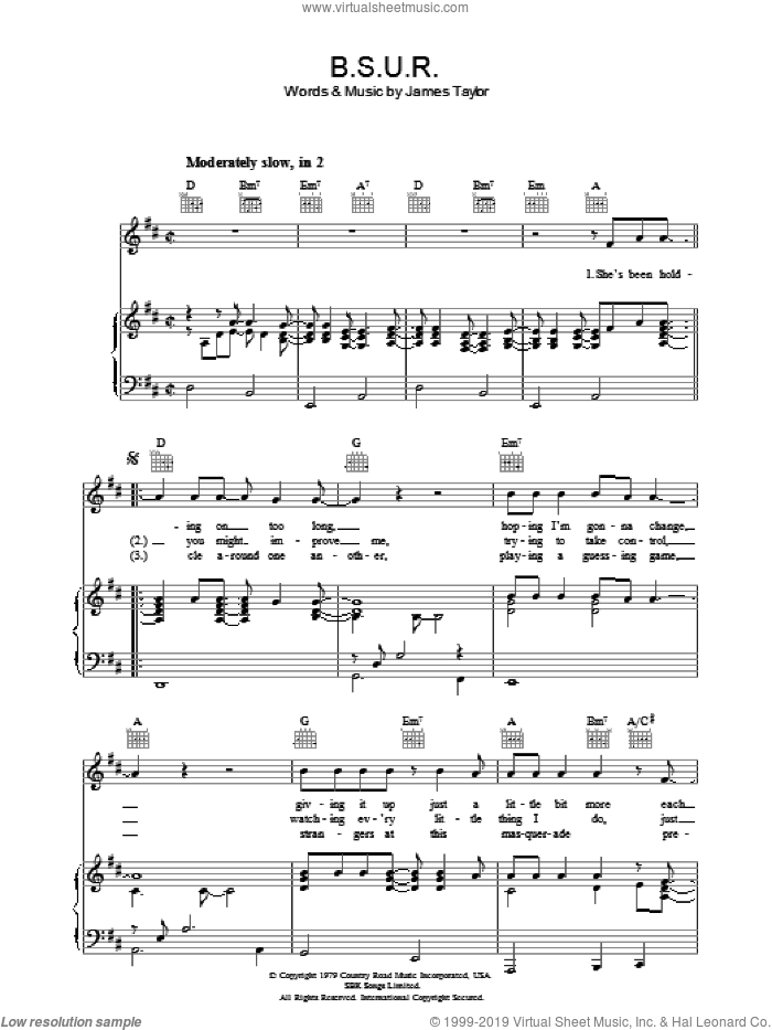 B.S.U.R. sheet music for voice, piano or guitar by James Taylor, intermediate skill level