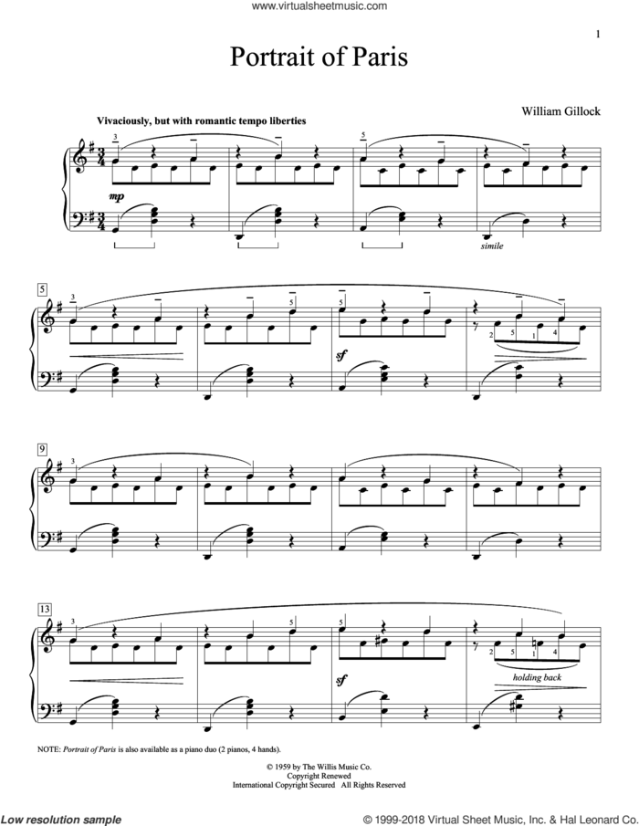 Portrait Of Paris sheet music for piano solo (elementary) by William Gillock, beginner piano (elementary)