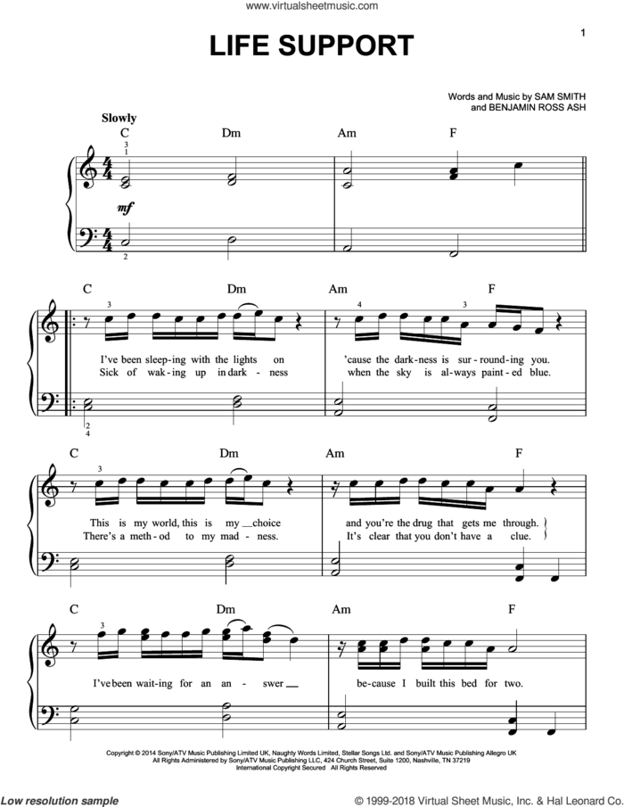 Life Support sheet music for piano solo by Sam Smith and Benjamin Ross Ash, easy skill level