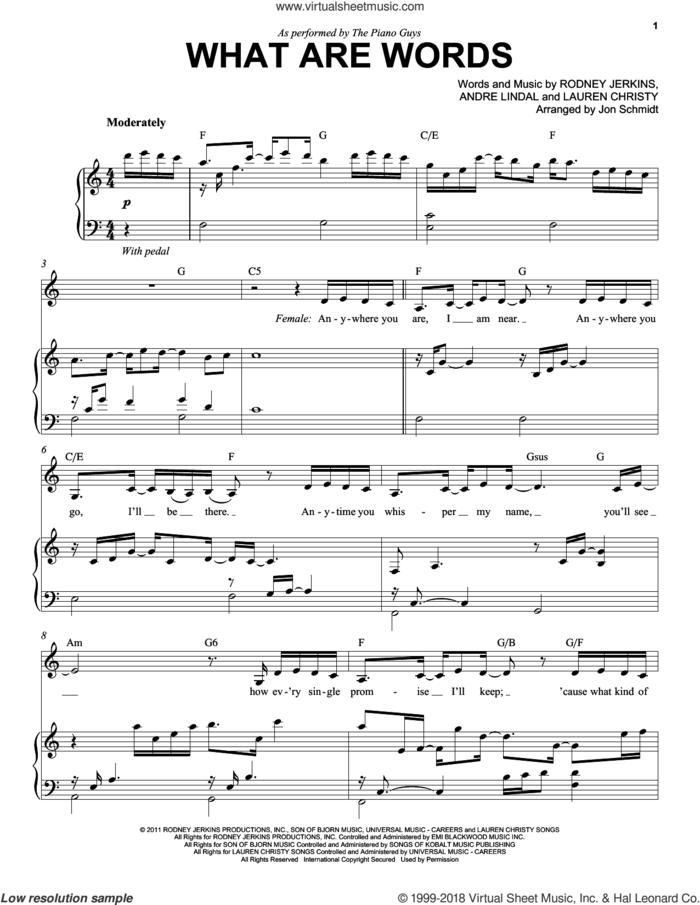 What Are Words sheet music for voice and piano by The Piano Guys, Andre Lindal, Chris Medina, Lauren Christy and Rodney Jerkins, intermediate skill level