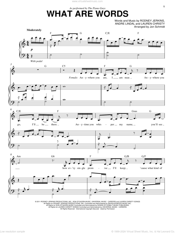 What Are Words sheet music for voice and piano by The Piano Guys, Andre Lindal, Chris Medina, Lauren Christy and Rodney Jerkins, intermediate skill level