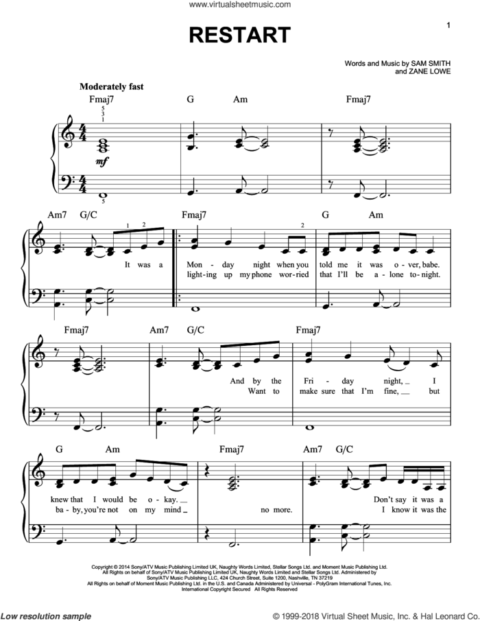 Restart sheet music for piano solo by Sam Smith and Zane Lowe, easy skill level
