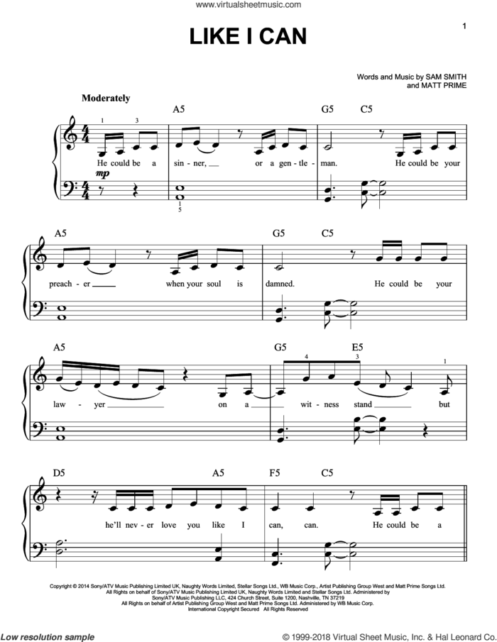 Like I Can sheet music for piano solo by Sam Smith and Matt Prime, easy skill level