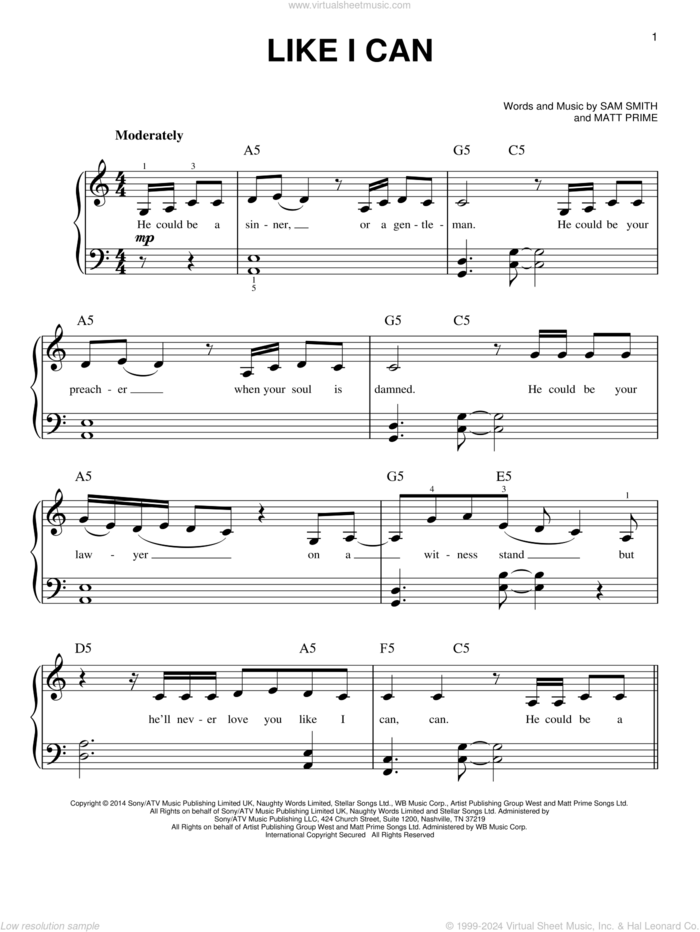 Like I Can sheet music for piano solo by Sam Smith and Matt Prime, easy skill level