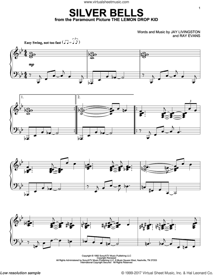 Silver Bells, (intermediate) sheet music for piano solo by Jay Livingston and Ray Evans, intermediate skill level
