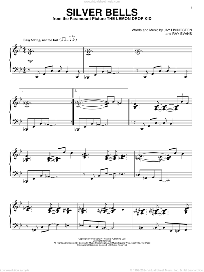 Silver Bells, (intermediate) sheet music for piano solo by Jay Livingston and Ray Evans, intermediate skill level