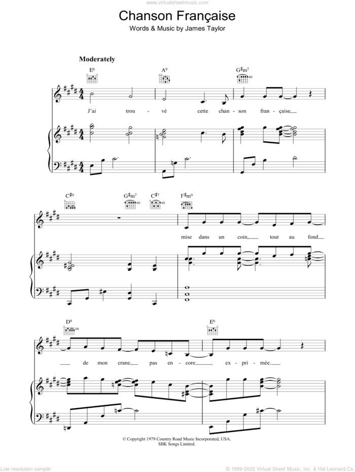 Chanson Francaise sheet music for voice, piano or guitar by James Taylor, intermediate skill level