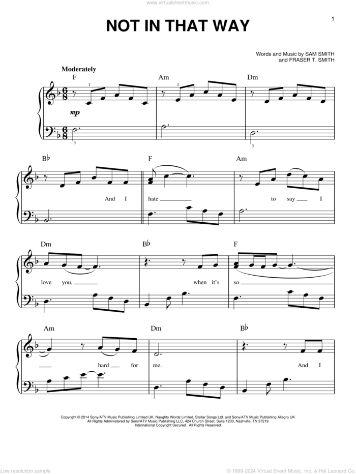 Not In That Way sheet music for piano solo by Sam Smith and Fraser T. Smith, easy skill level