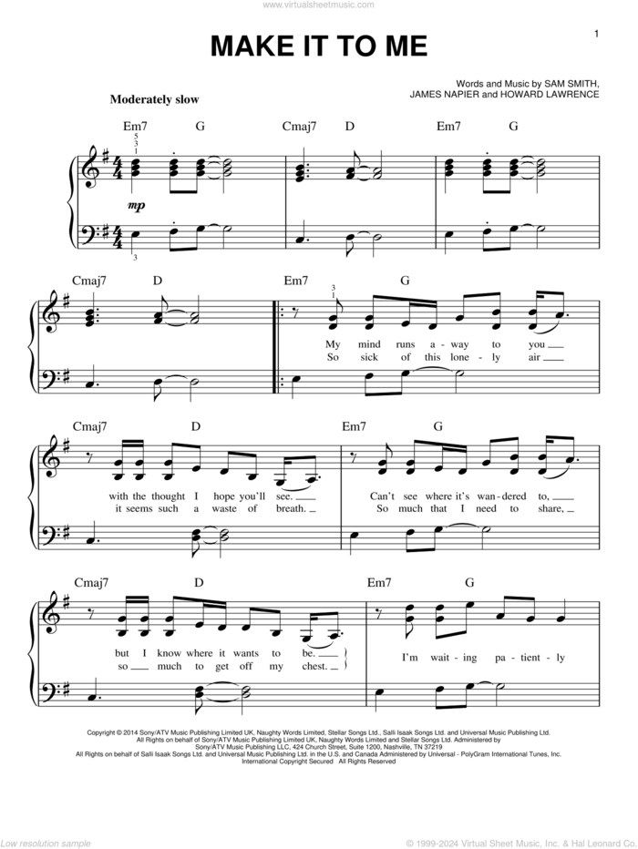 Make It To Me sheet music for piano solo by Sam Smith, Howard Lawrence and James Napier, easy skill level