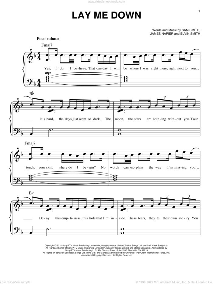 Lay Me Down sheet music for piano solo by Sam Smith, Elvin Smith and James Napier, easy skill level