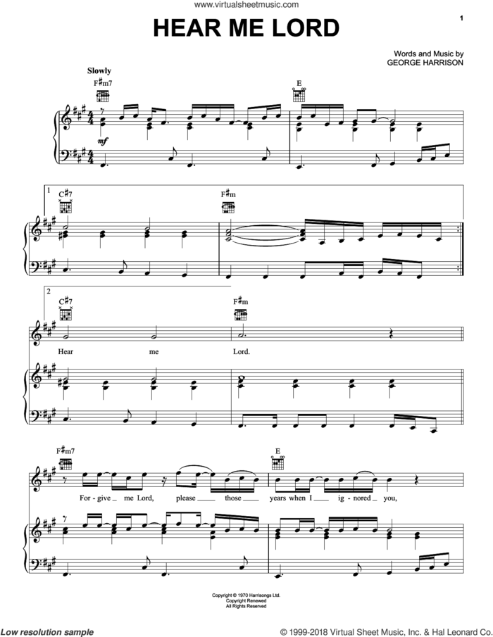 Hear Me Lord sheet music for voice, piano or guitar by George Harrison, intermediate skill level