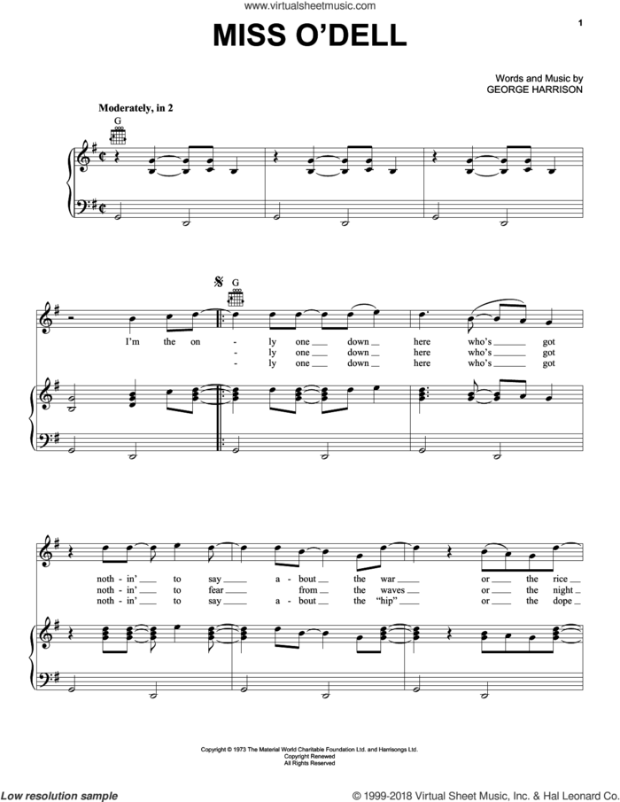 Miss O'Dell sheet music for voice, piano or guitar by George Harrison, intermediate skill level