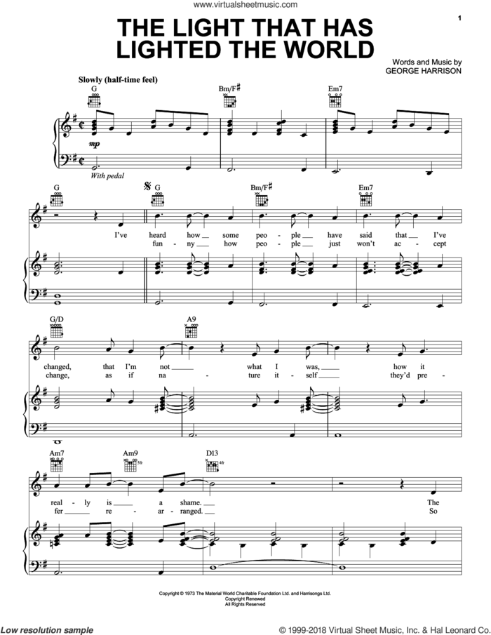 The Light That Has Lighted The World sheet music for voice, piano or guitar by George Harrison, intermediate skill level