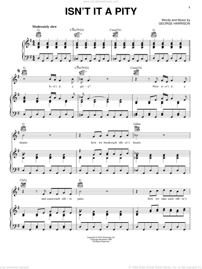 Isn't It A Pity sheet music for voice, piano or guitar by George Harrison, intermediate skill level